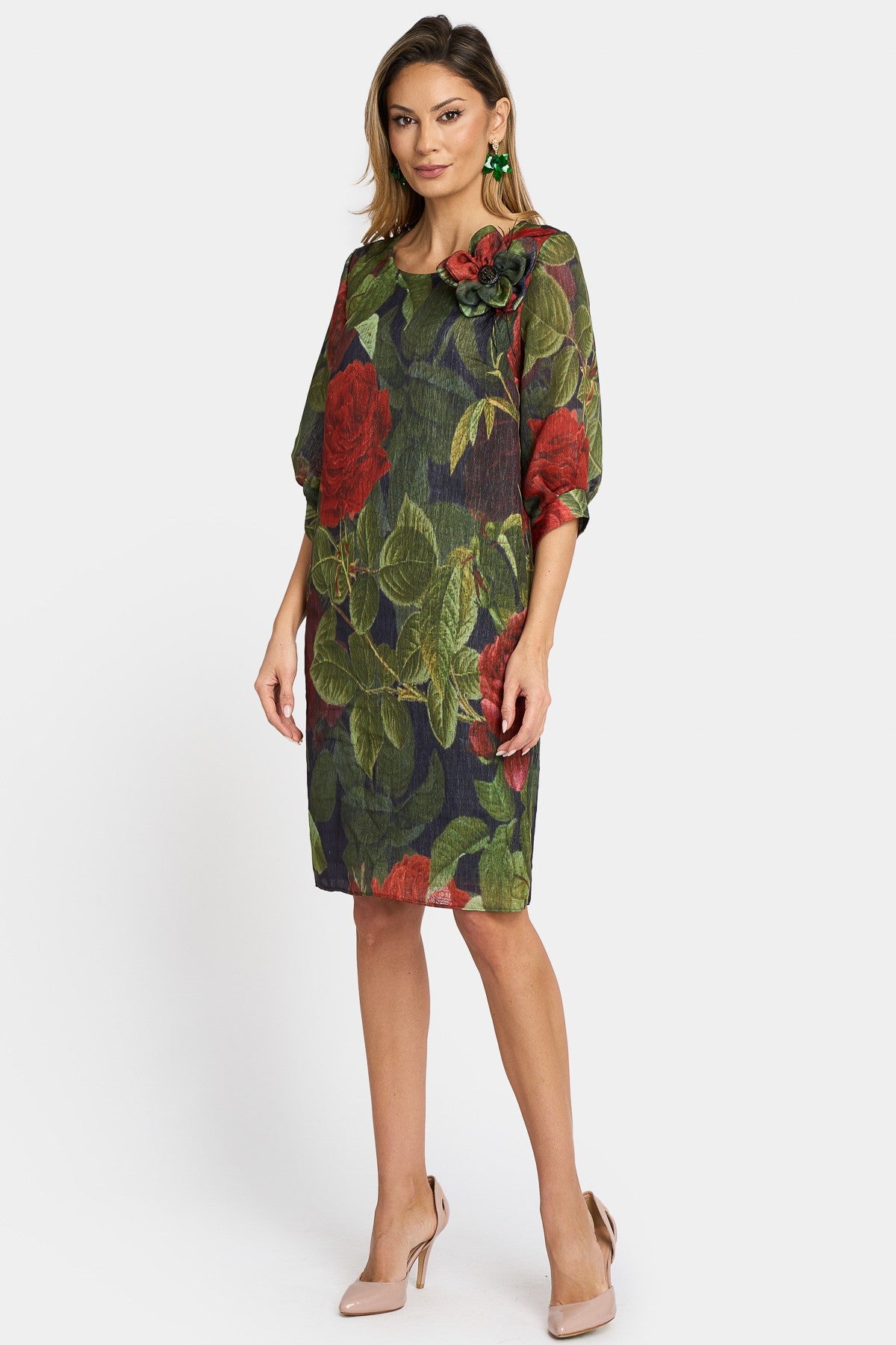 Rochie midi din voal cu imprimeu floral și aplicație decorativă