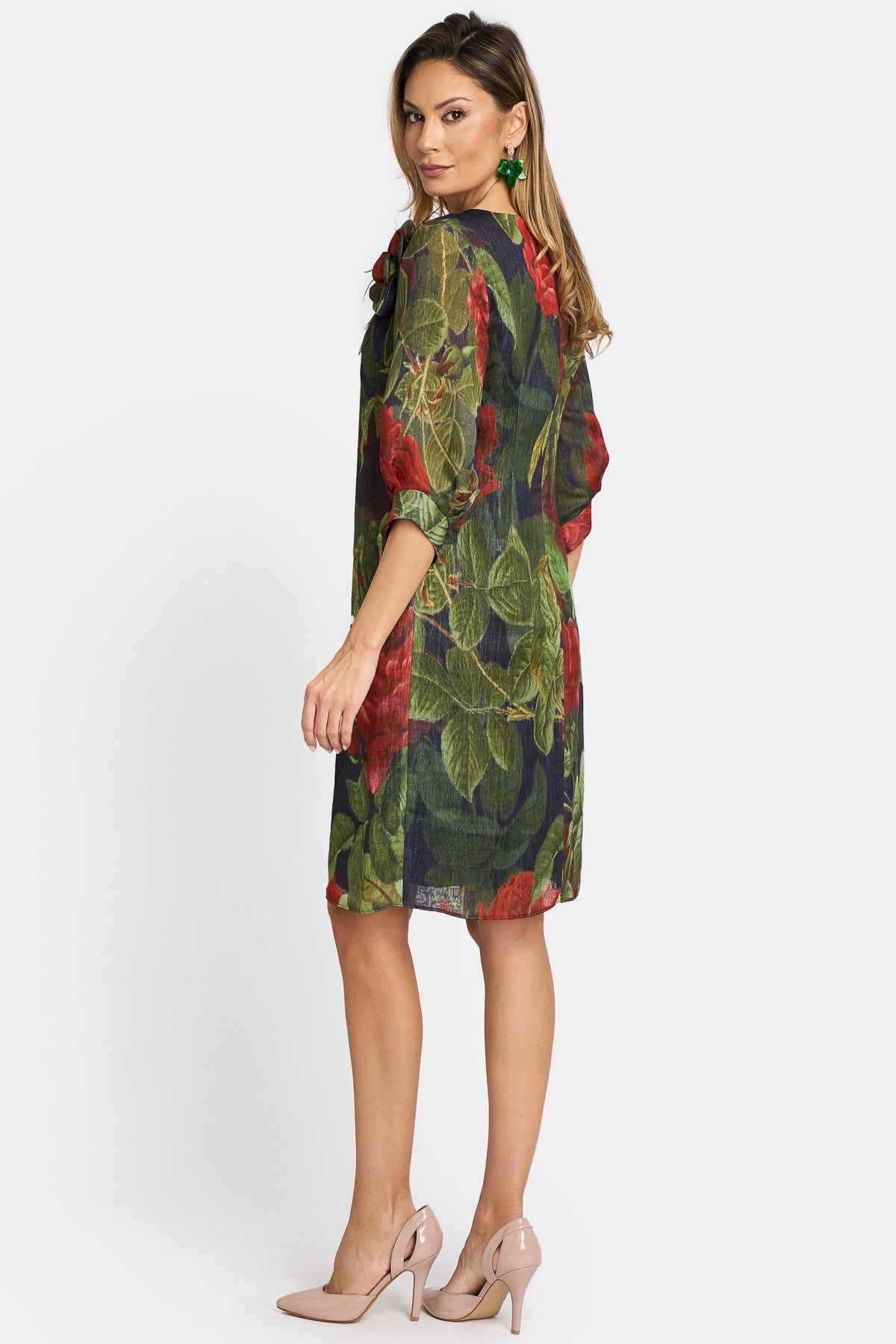 Rochie midi din voal cu imprimeu floral și aplicație decorativă