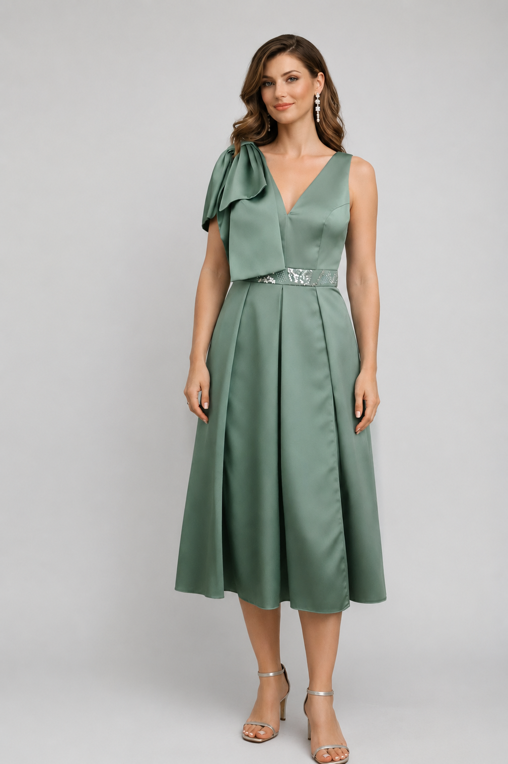 Rochie midi satinată cu fundă pe umăr și talie accesorizată