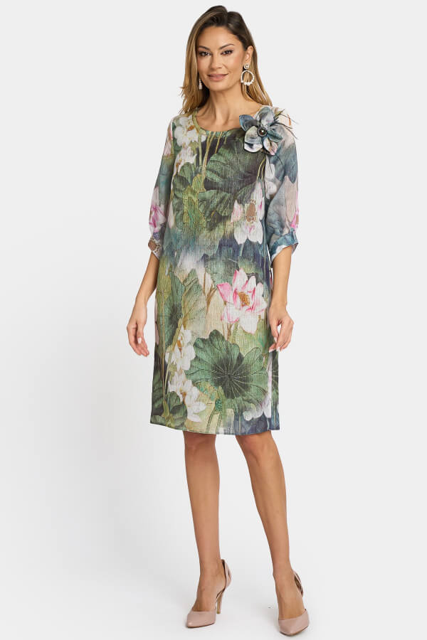 Rochie midi din voal cu imprimeu floral și aplicație decorativă 2