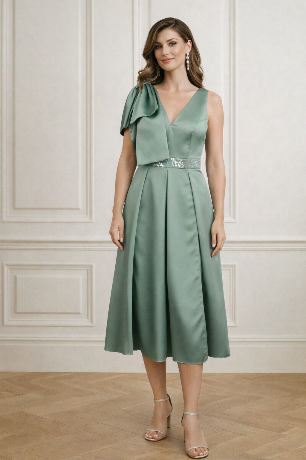 Rochie midi satinată cu fundă pe umăr și talie accesorizată