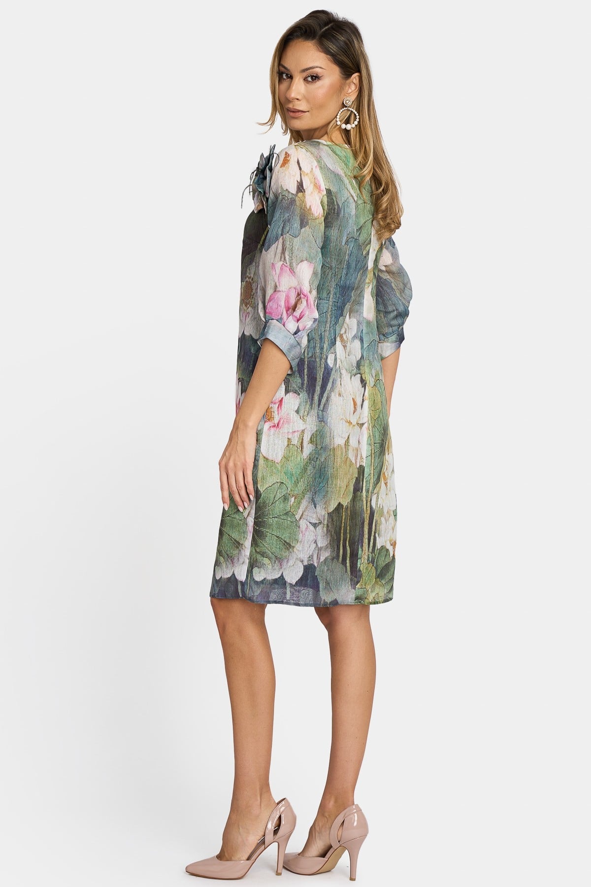 Rochie midi din voal cu imprimeu floral și aplicație decorativă 2